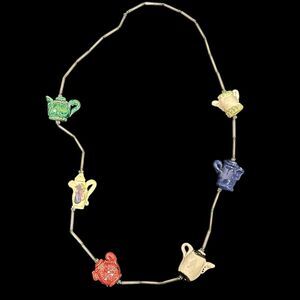 Artisan Hand Painted Ceramic Teapot Beads 35" Necklace Colorful UNIQUE